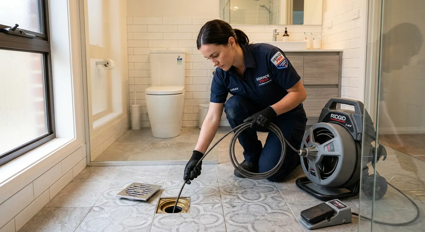 Technician clearing a bathroom floor drain for Drain Repair in Hazel Dell